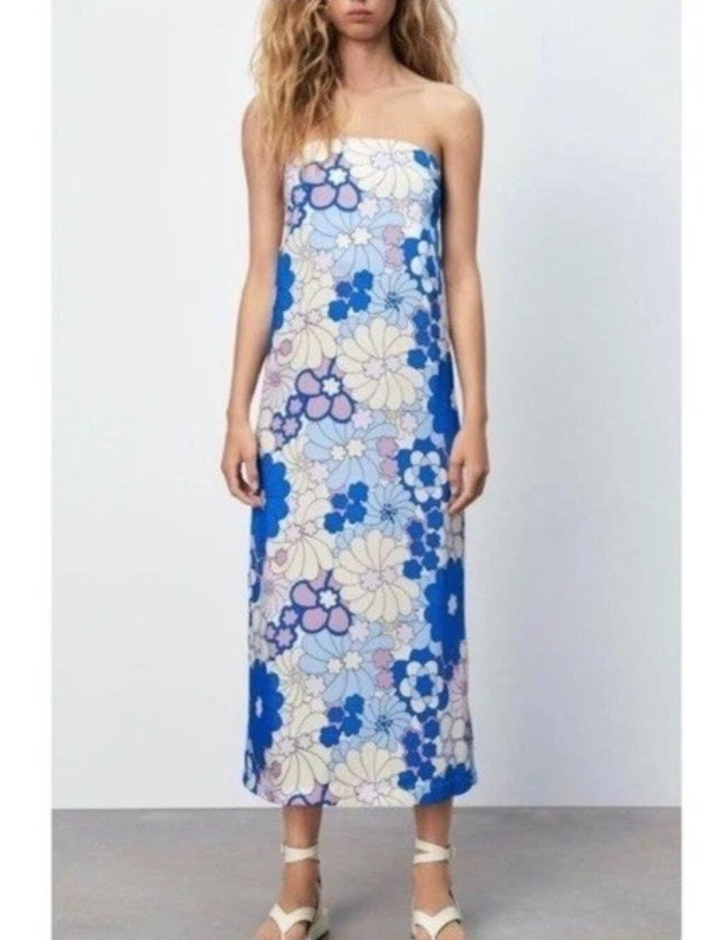 Zara Satin Retro Floral Long Midi Strapless Dress Sz S Blue Cream Wedding Guest